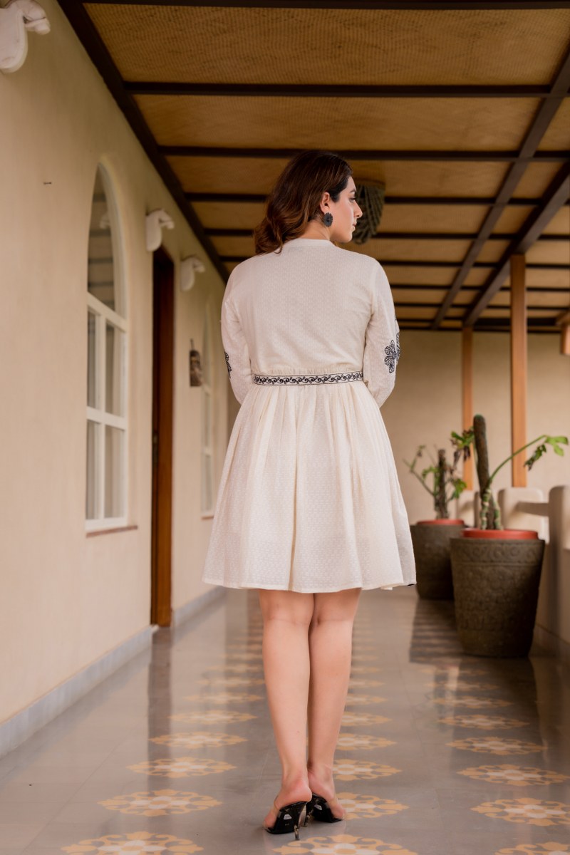 Cream & Black Floral Embroidered Midi Dress with Belt