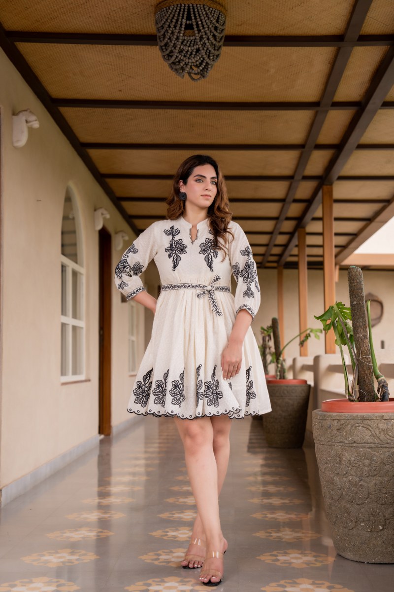 Cream & Black Floral Embroidered Midi Dress with Belt