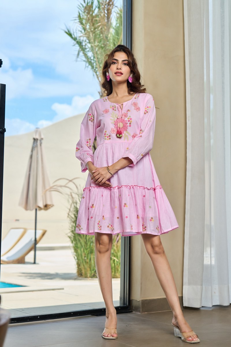 Blush Floral Bloom Tassel-Tie Embroidered Cotton Dress