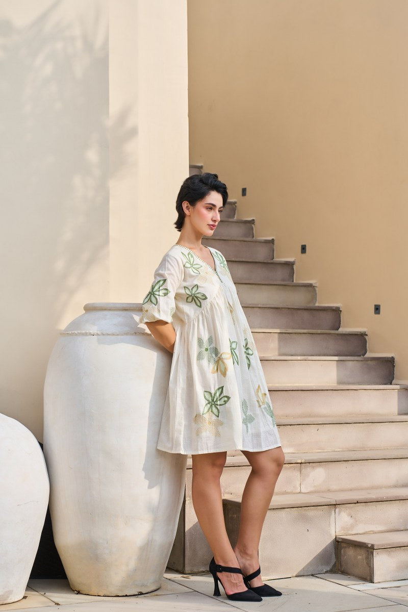 Off-White Floral Embroidered Cotton Dress