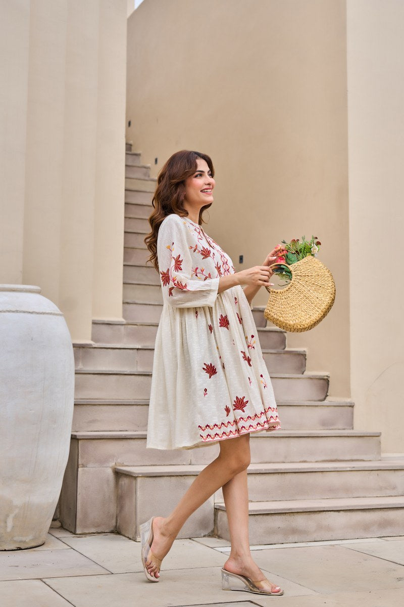 Traditional Floral Booti & Border Embroidered Cotton Dress