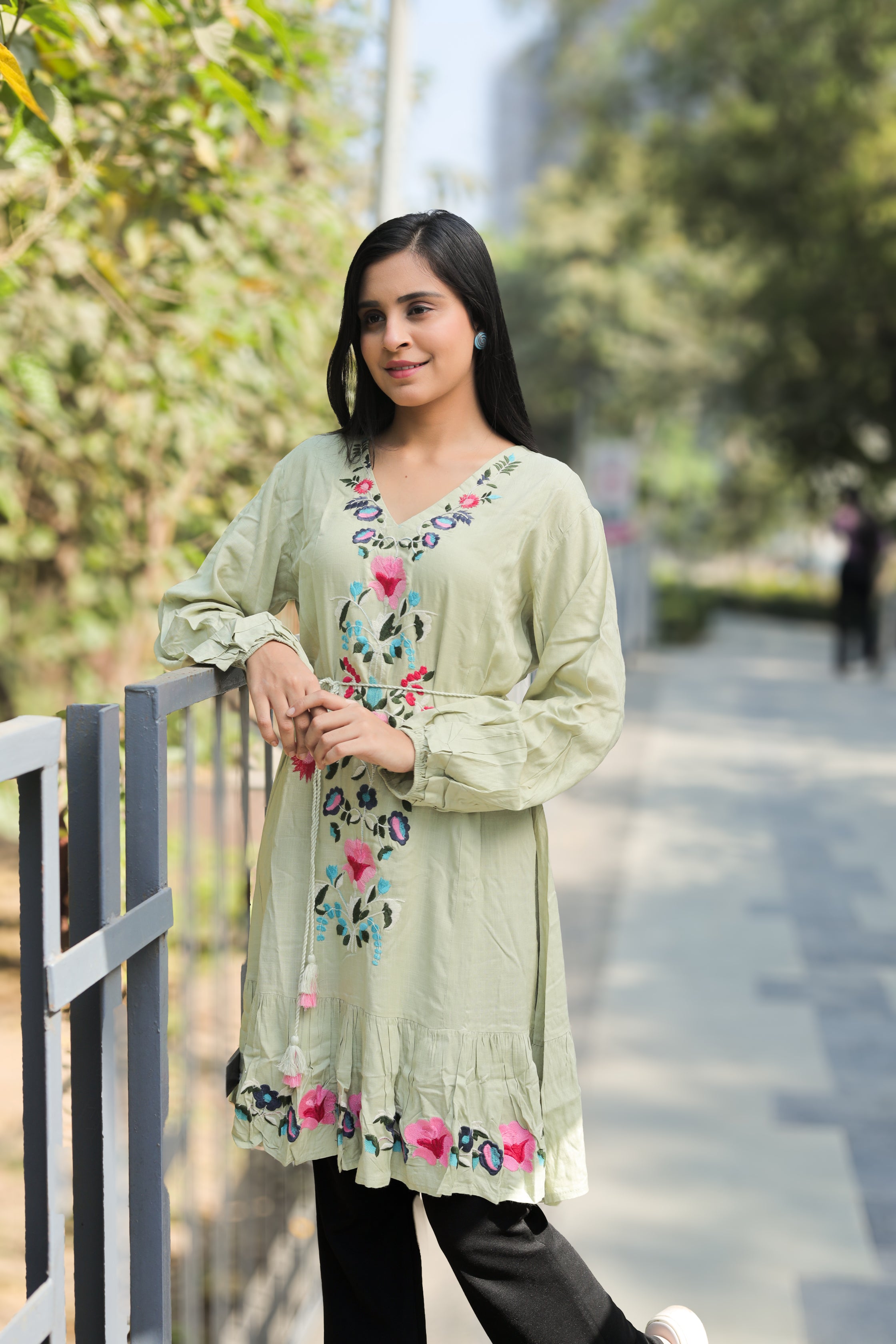 Pastel Sage Floral Embroidered Cotton Dress