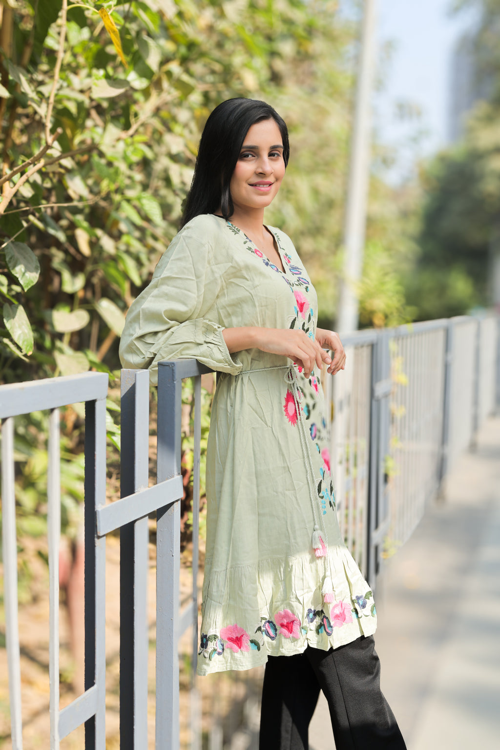 Pastel Sage Floral Embroidered Cotton Dress