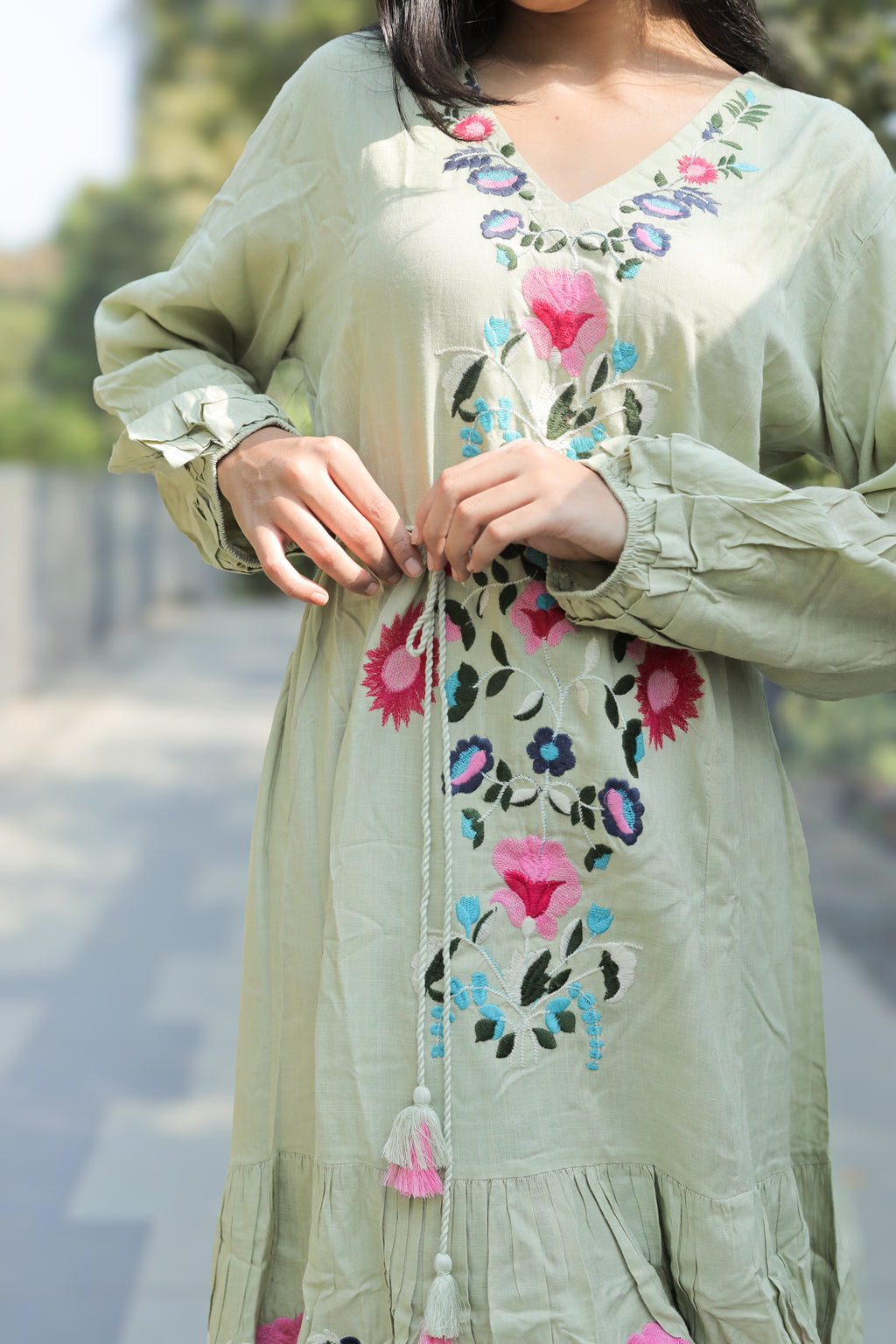 Pastel Sage Floral Embroidered Cotton Dress