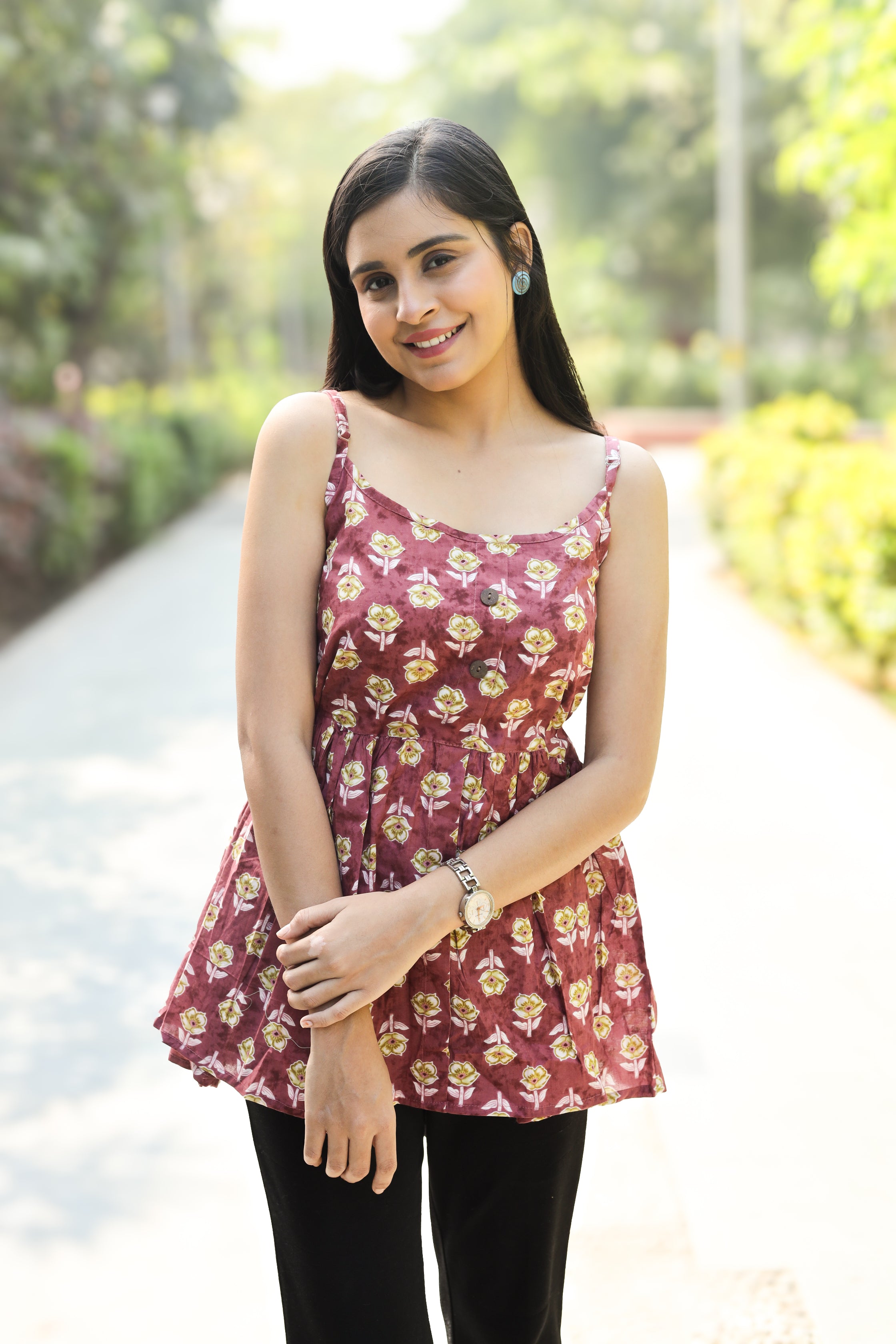Burgundy Floral Print Cotton Sleeveless Top