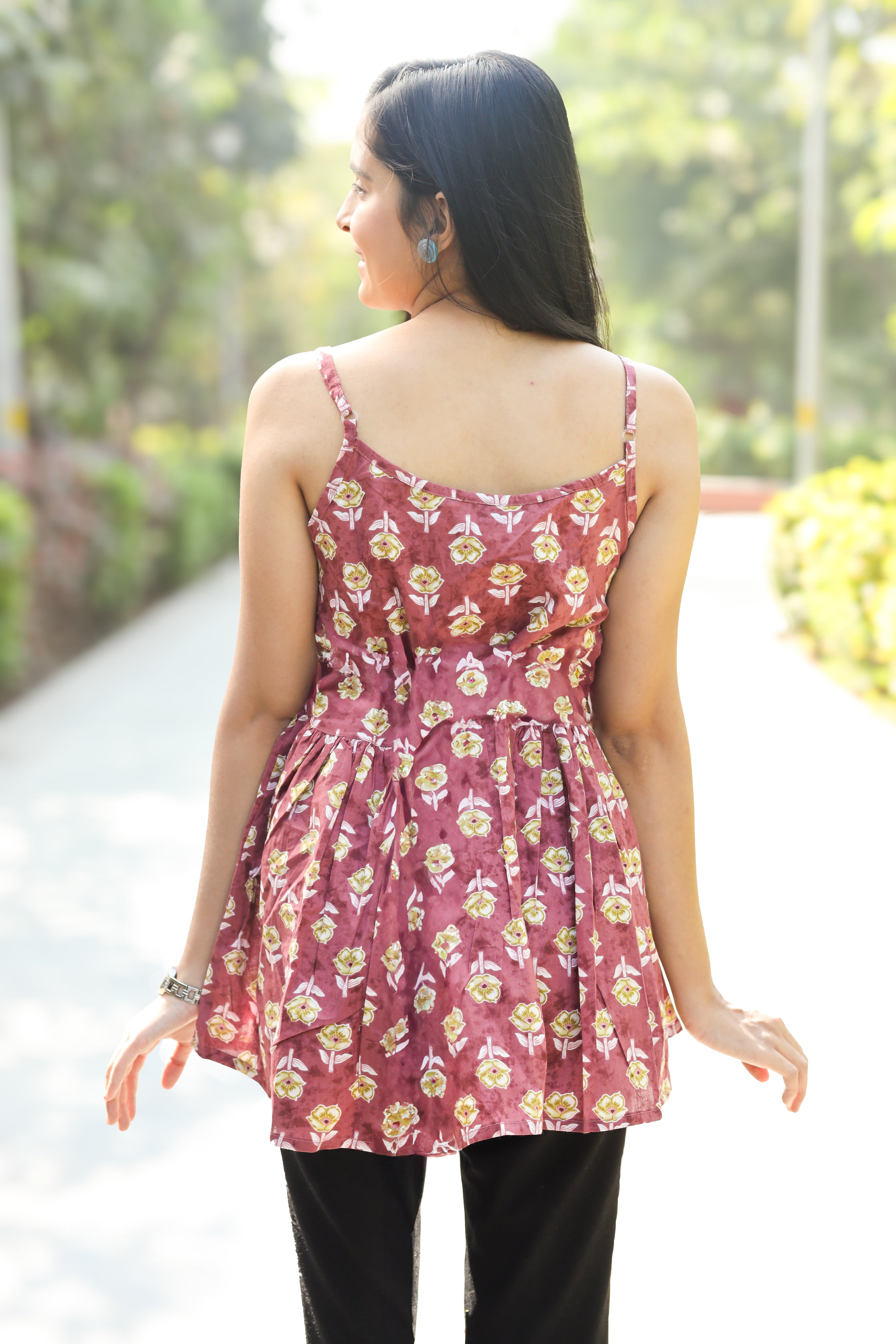 Burgundy Floral Print Cotton Sleeveless Top