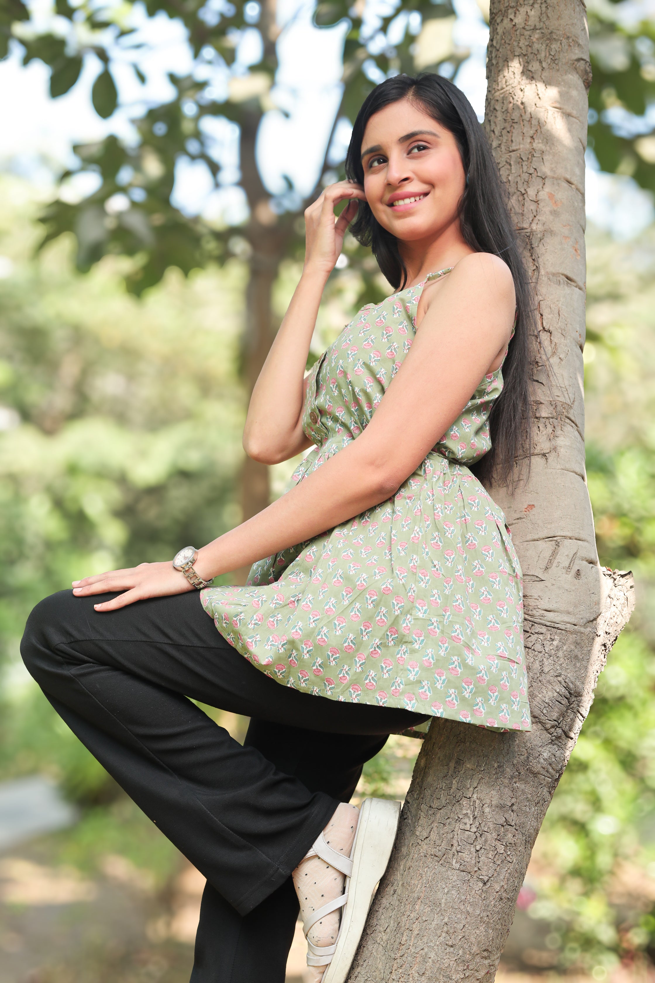 Sage Green Floral Print Cotton Sleeveless Top