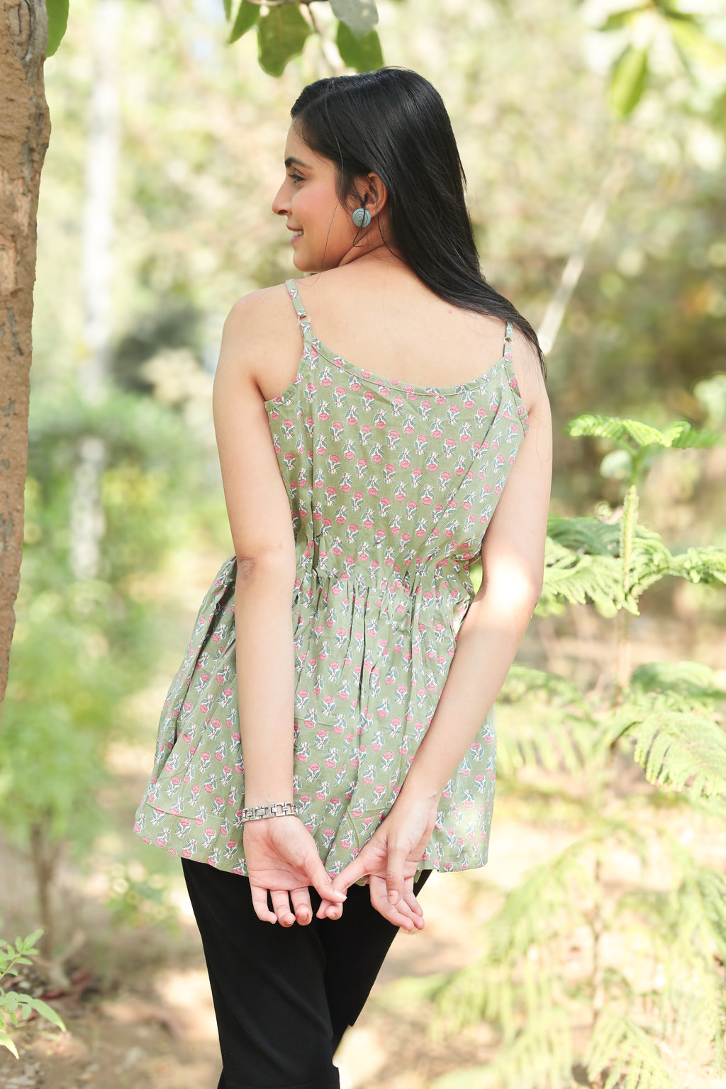 Sage Green Floral Print Cotton Sleeveless Top
