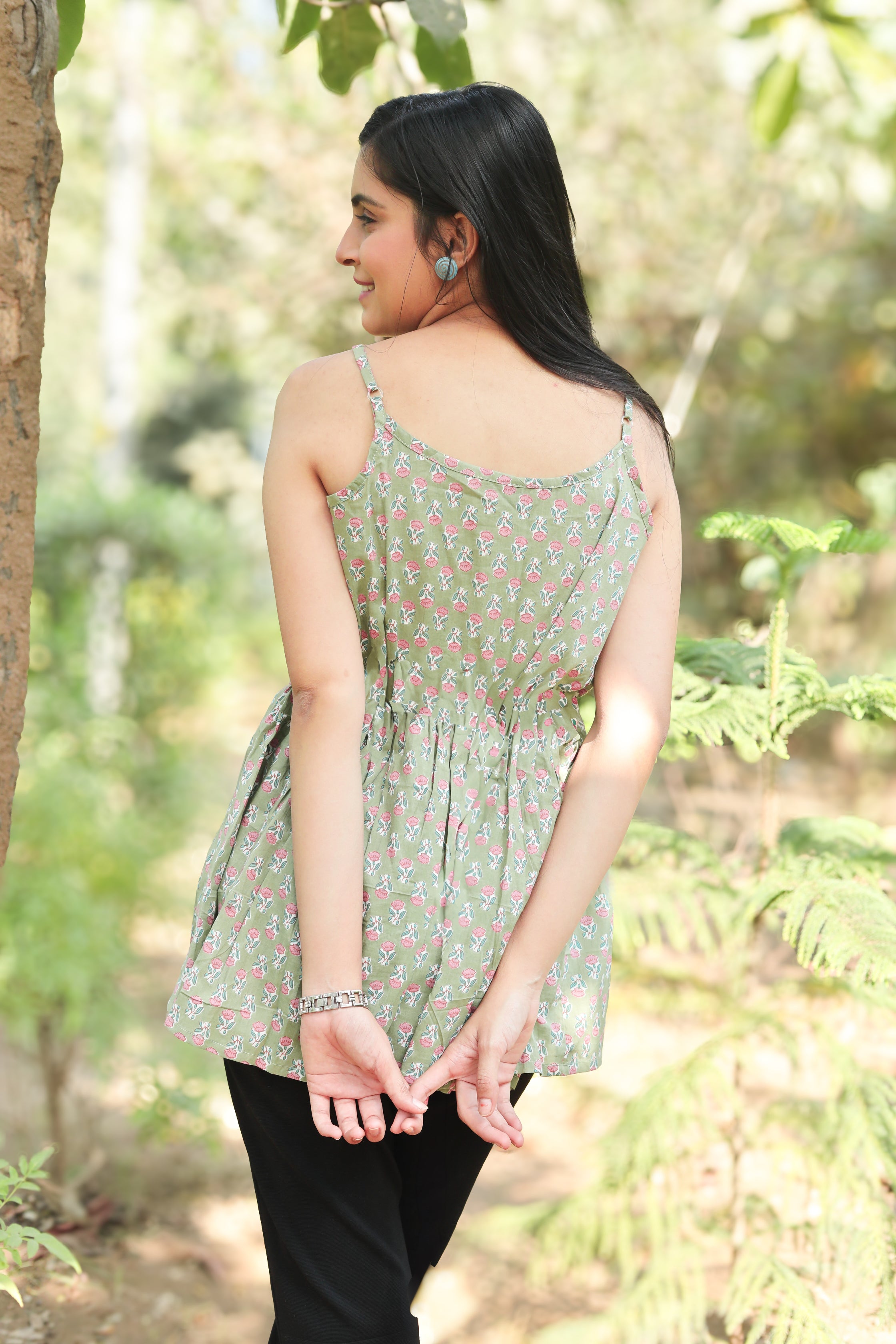 Sage Green Floral Print Cotton Sleeveless Top
