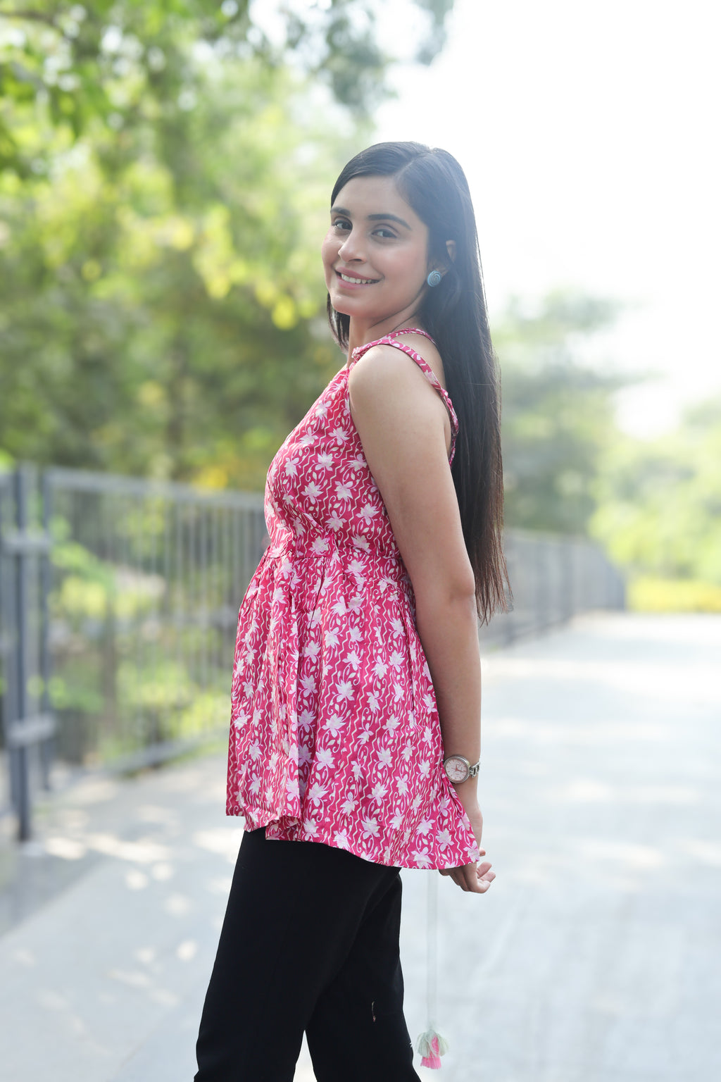 Pink Floral Print Cotton Sleeveless Top