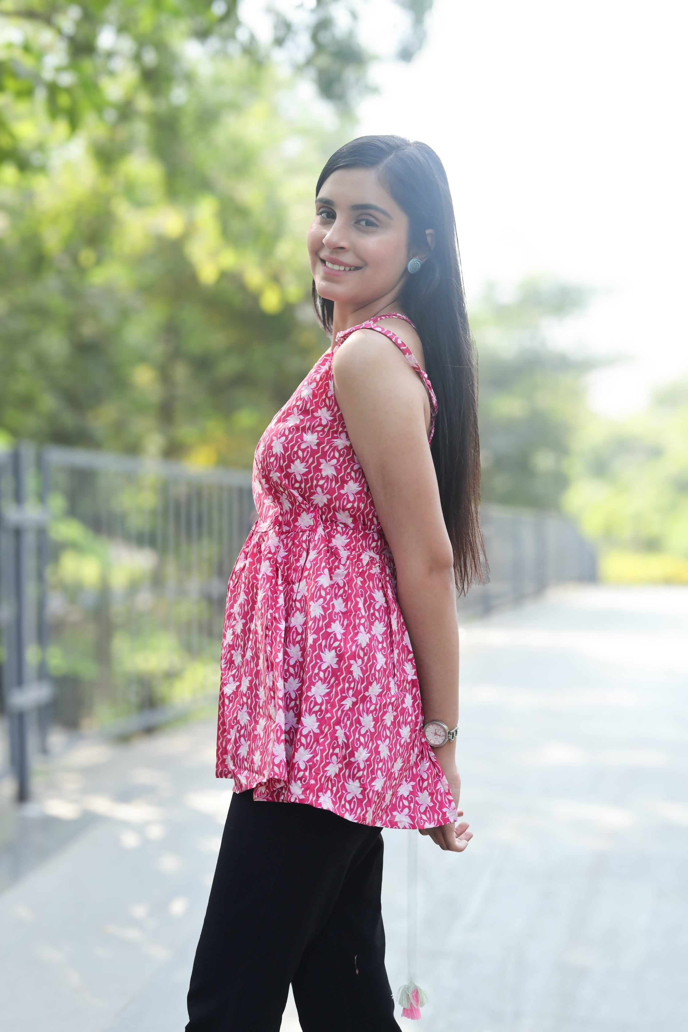 Pink Floral Print Cotton Sleeveless Top
