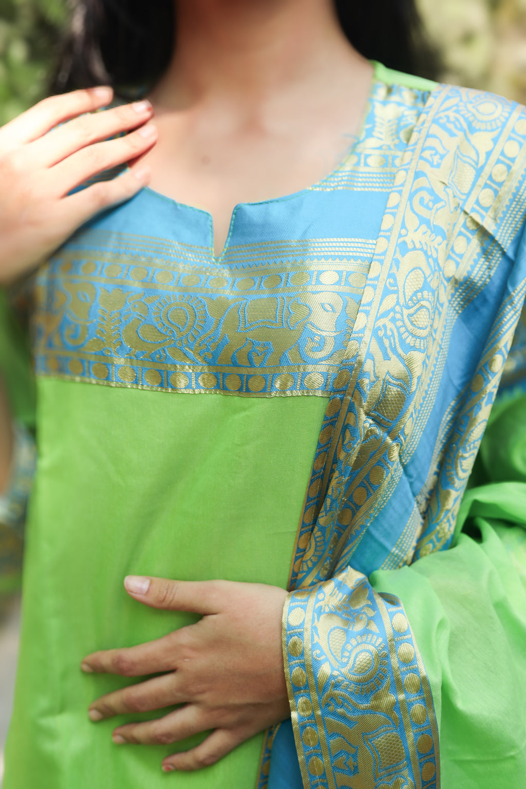 Parrot Green Kanchi Cotton Kurti-Dupatta Set