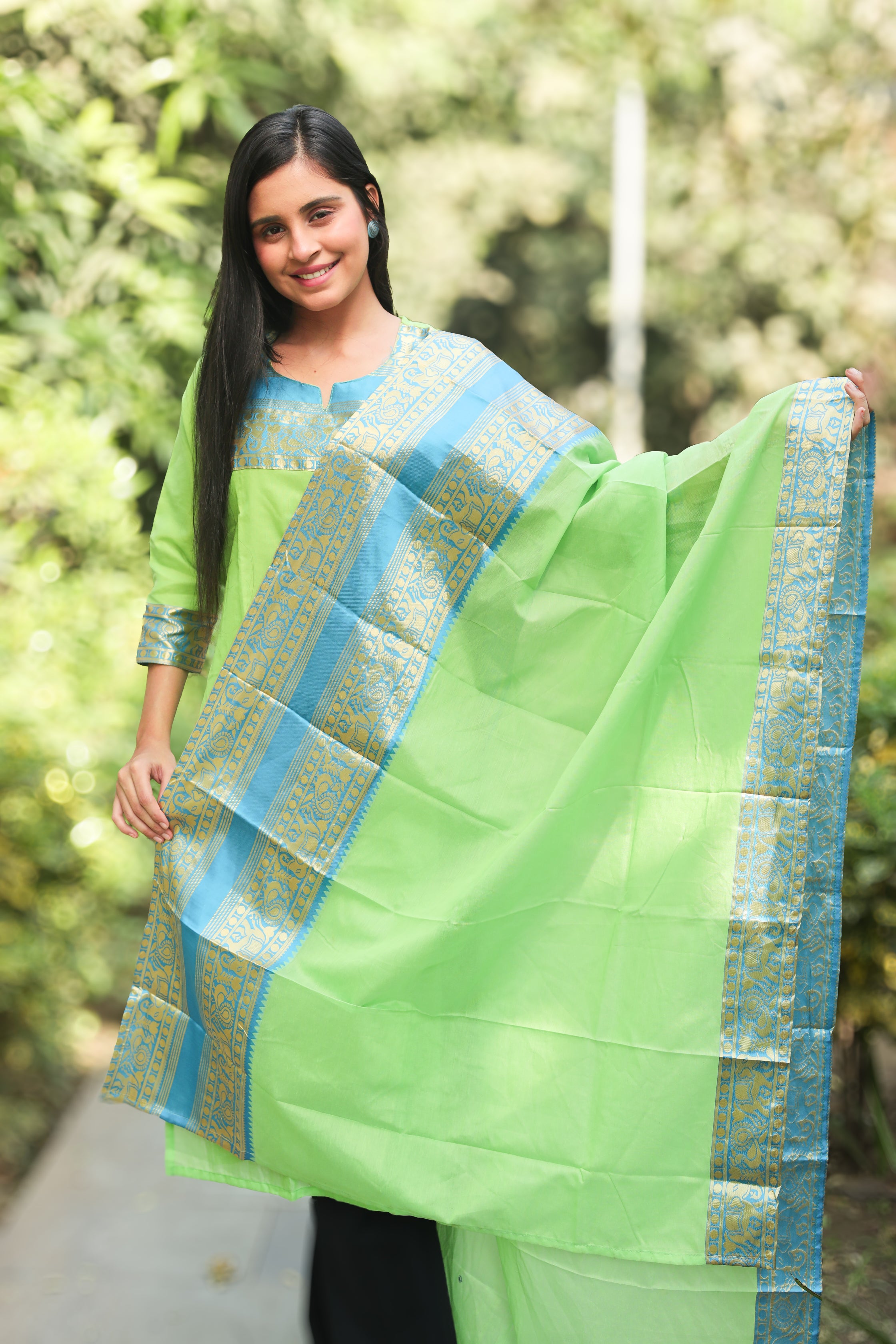 Parrot Green Kanchi Cotton Kurti-Dupatta Set