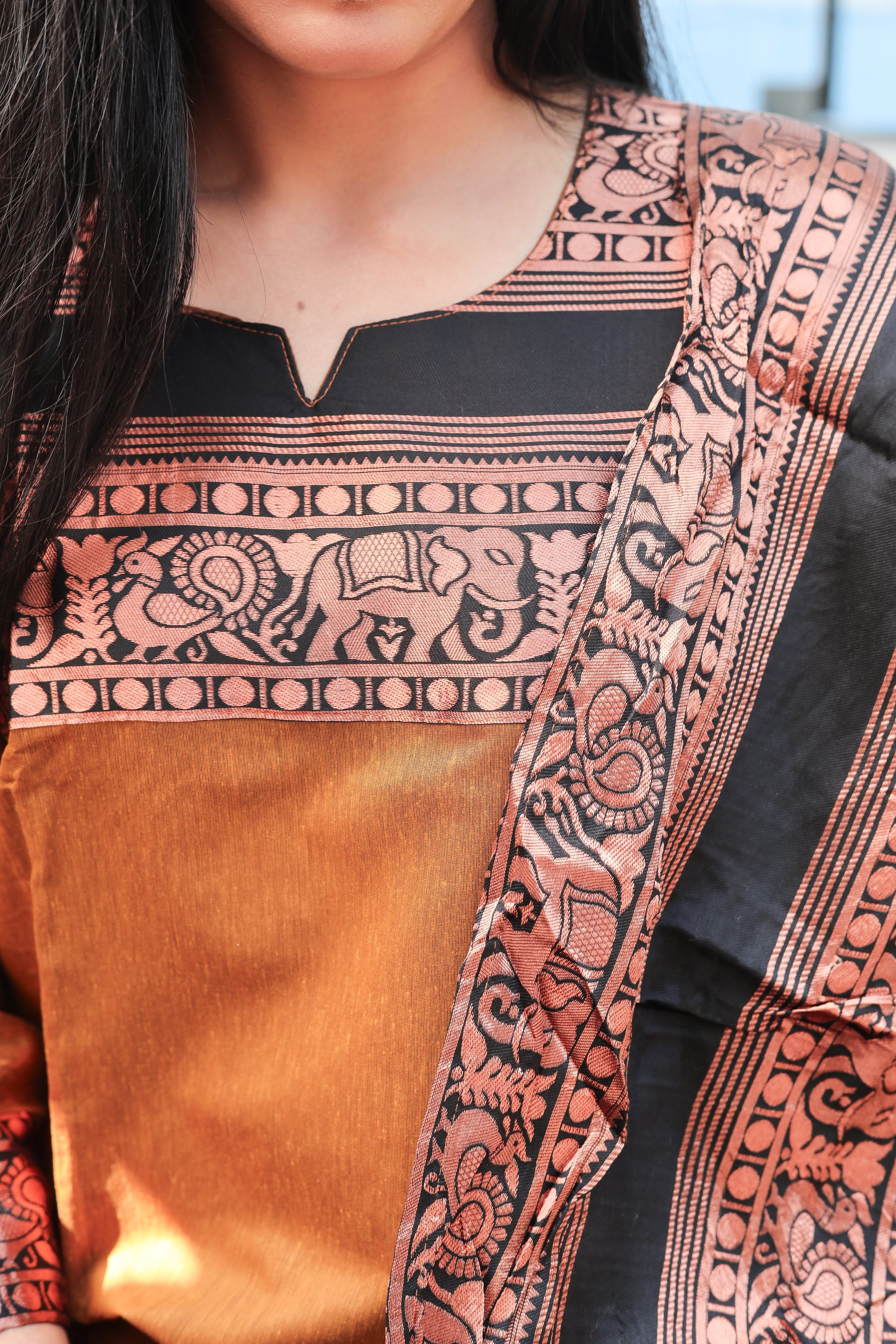 Kanchi Cotton kurti-Dupatta In Rust With Black Block Print Border