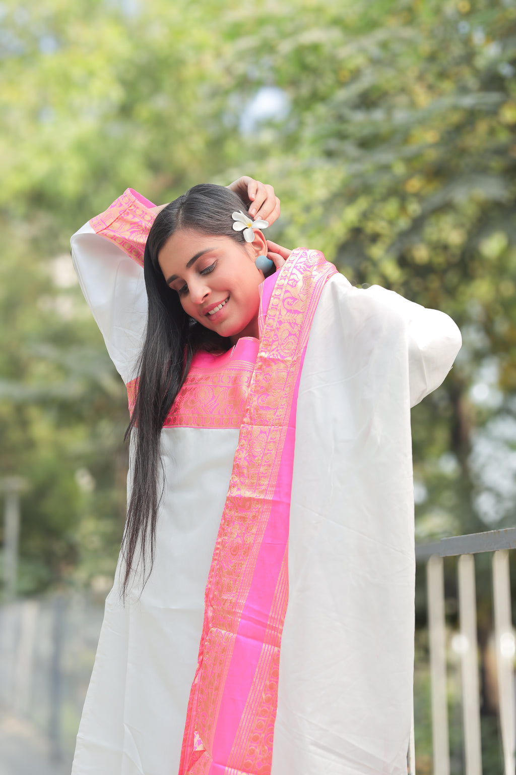 Pearl White & Pink  Kanchi cotton Kurti-Dupatta Set