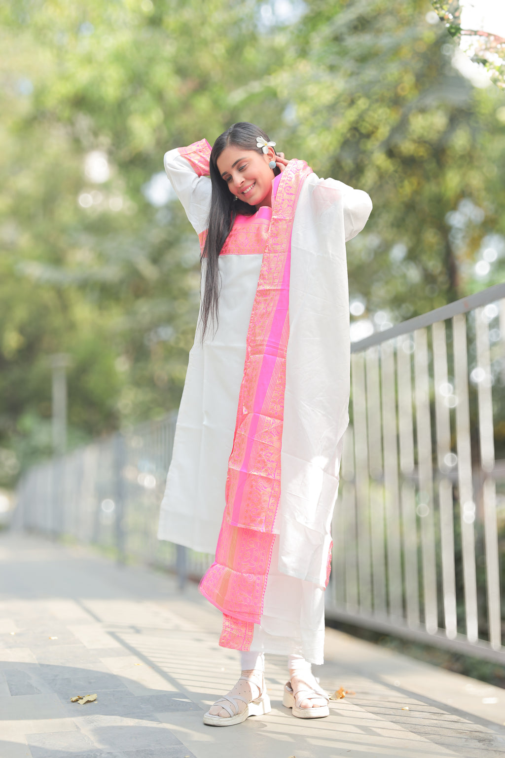 Pearl White & Pink  Kanchi cotton Kurti-Dupatta Set