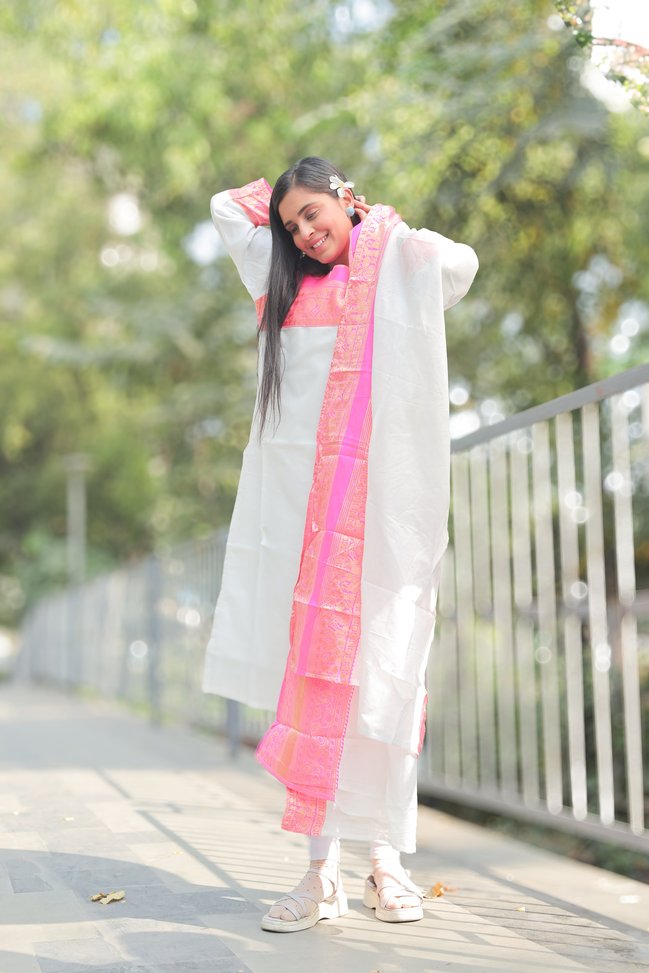 Pearl White & Pink  Kanchi cotton Kurti-Dupatta Set