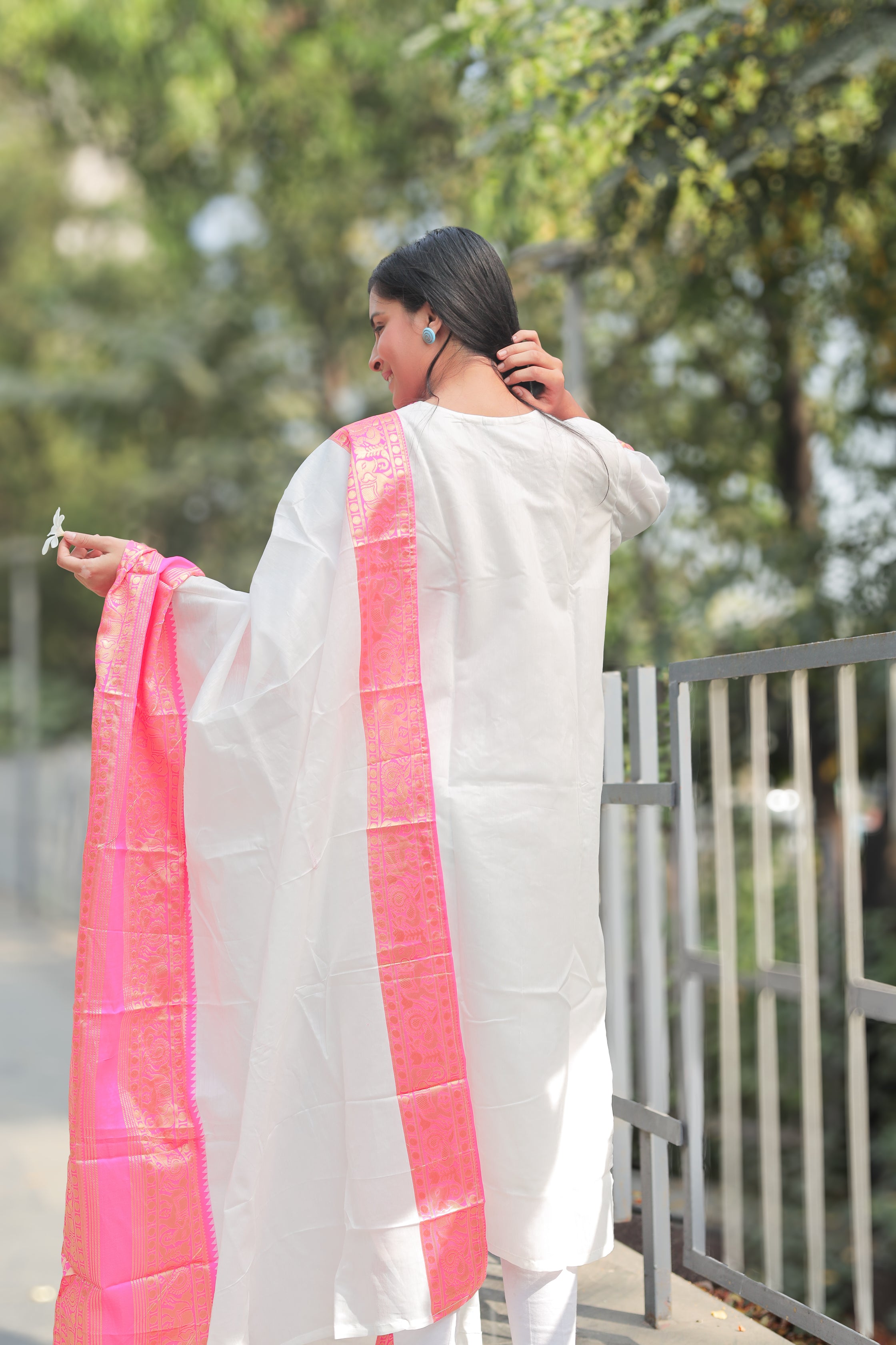 Pearl White & Pink  Kanchi cotton Kurti-Dupatta Set
