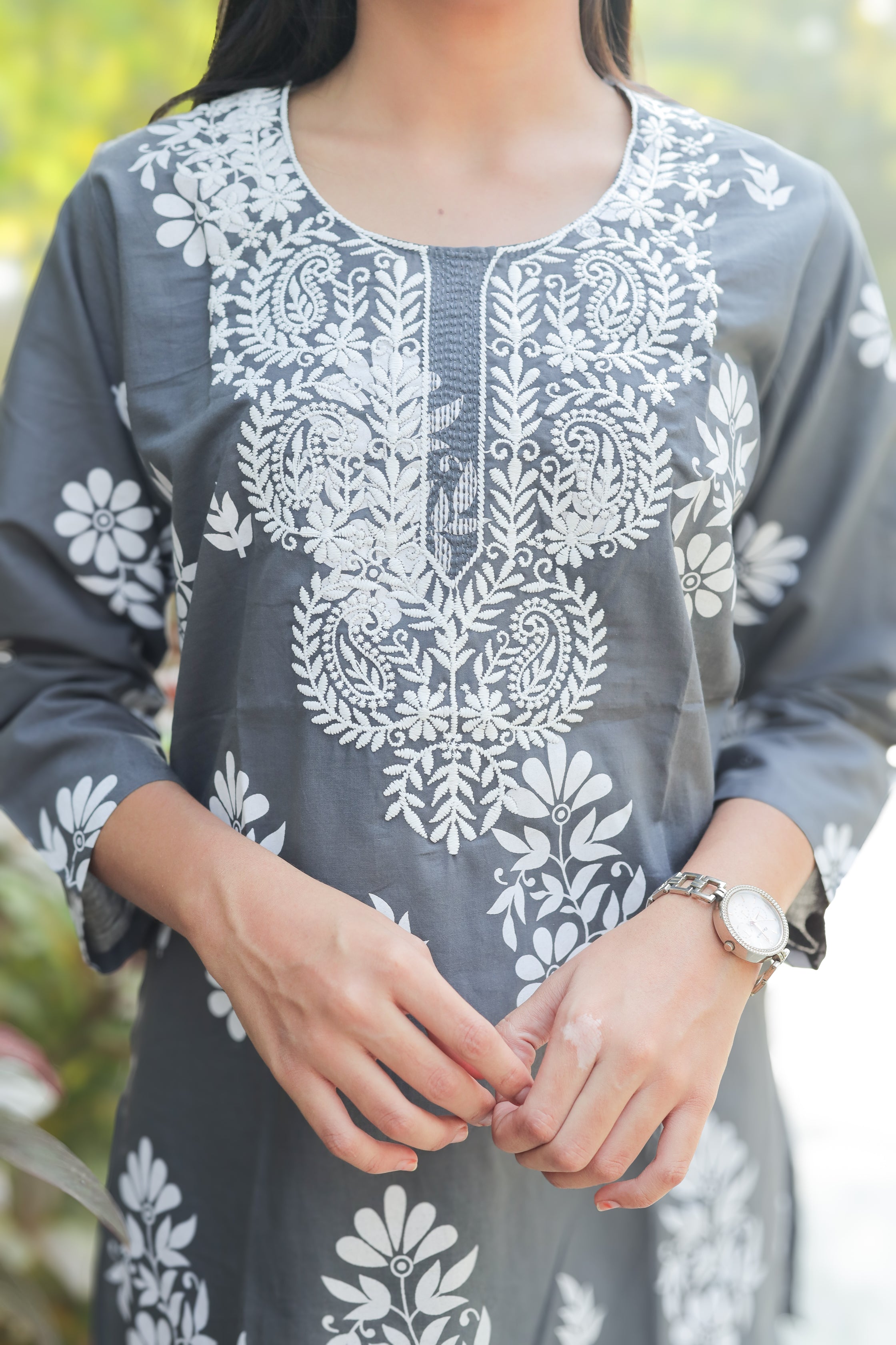 Exquisite Smoke Grey Artisan Threadwork Luxury Summer Kurti