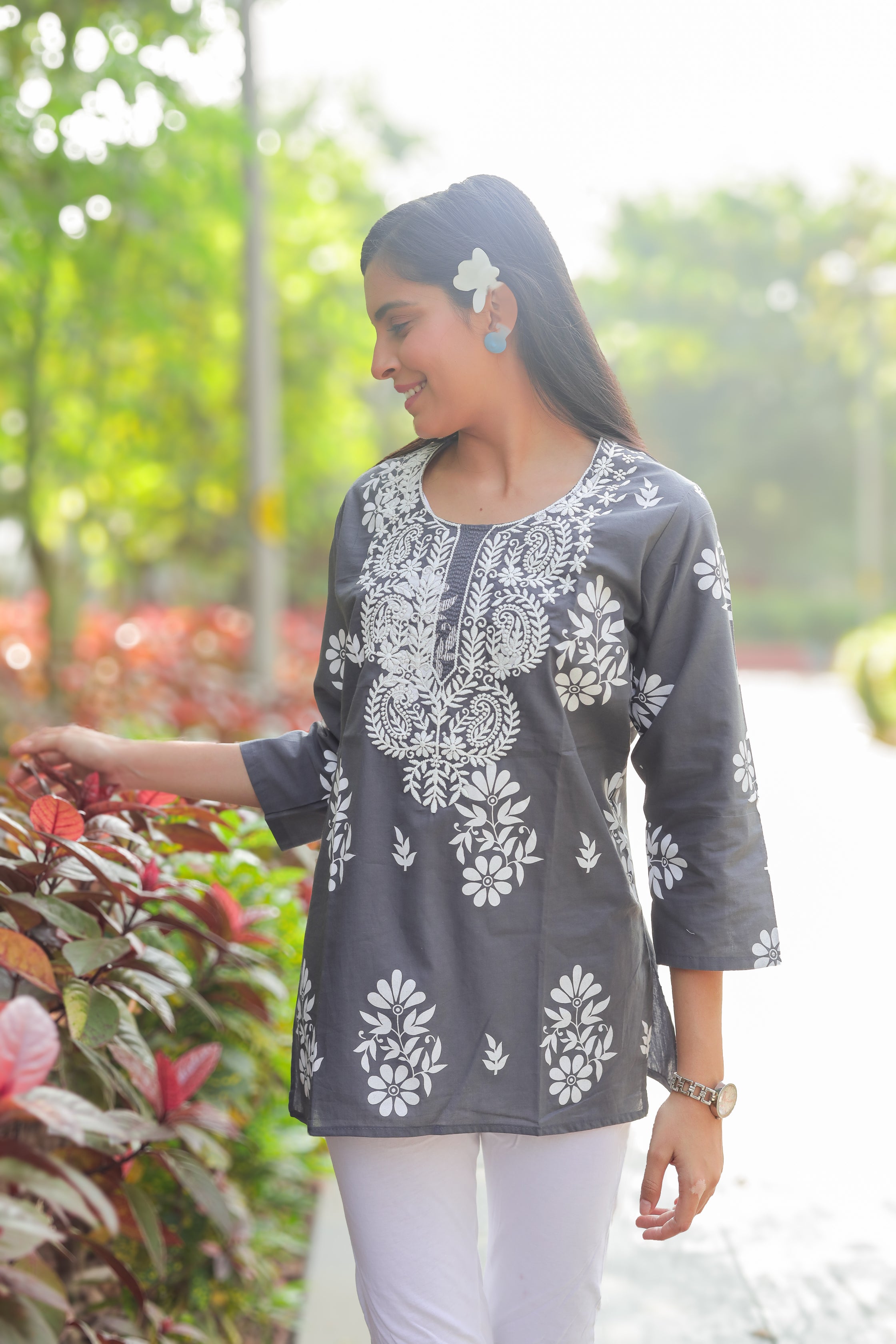 Exquisite Smoke Grey Artisan Threadwork Luxury Summer Kurti