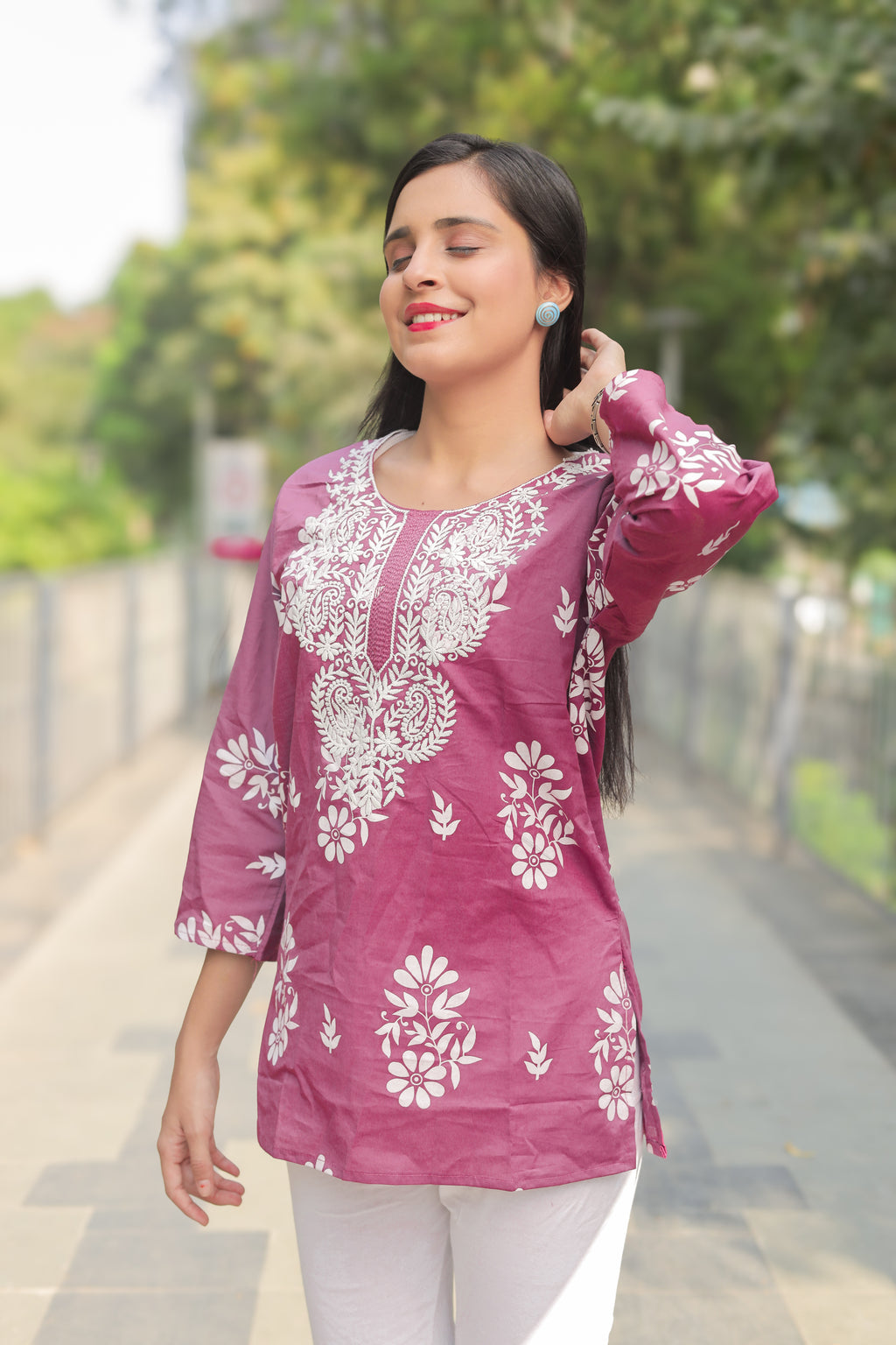 Dusty Pink Chikankari-Style Short Kurti in Cotton