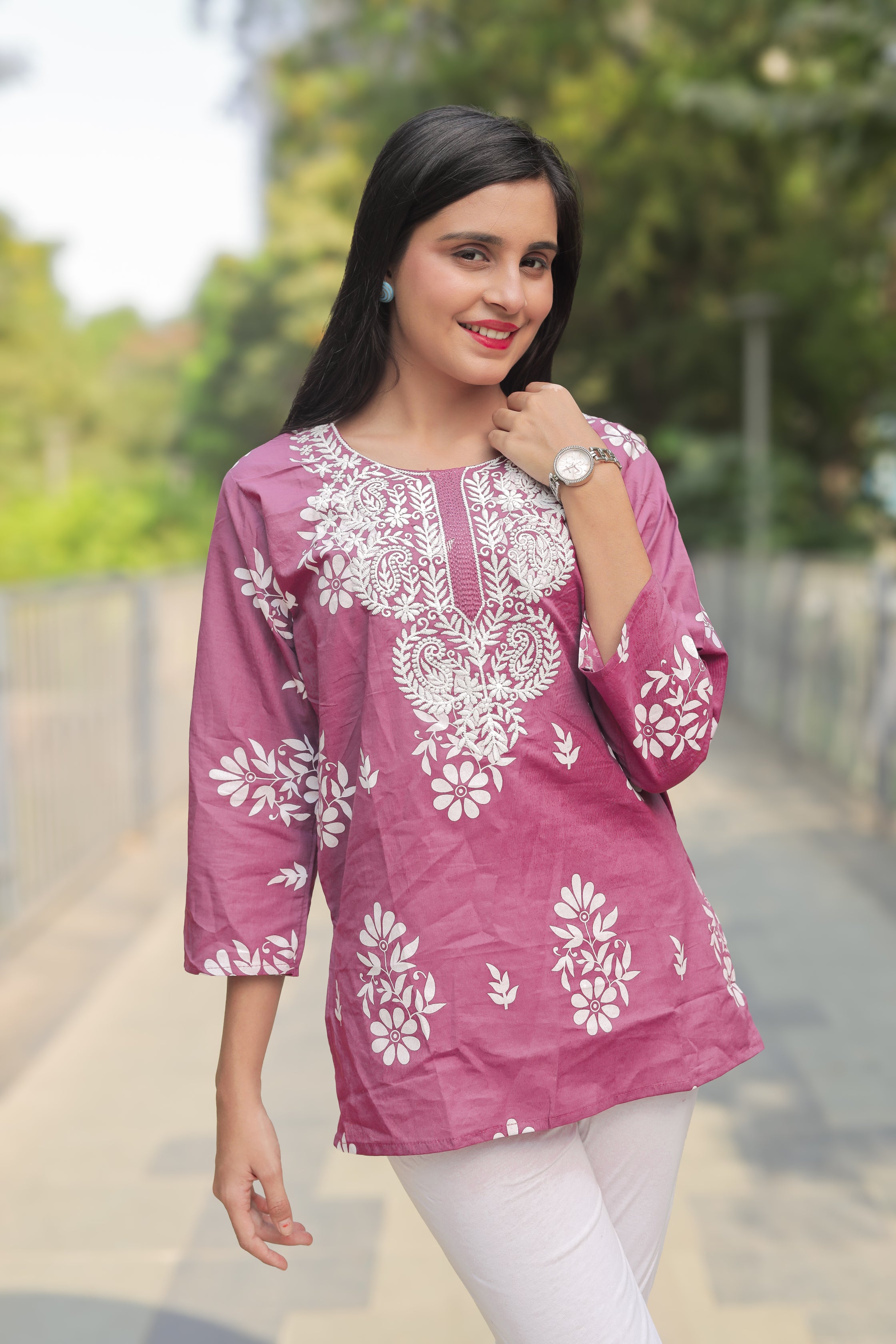Dusty Pink Chikankari-Style Short Kurti in Cotton