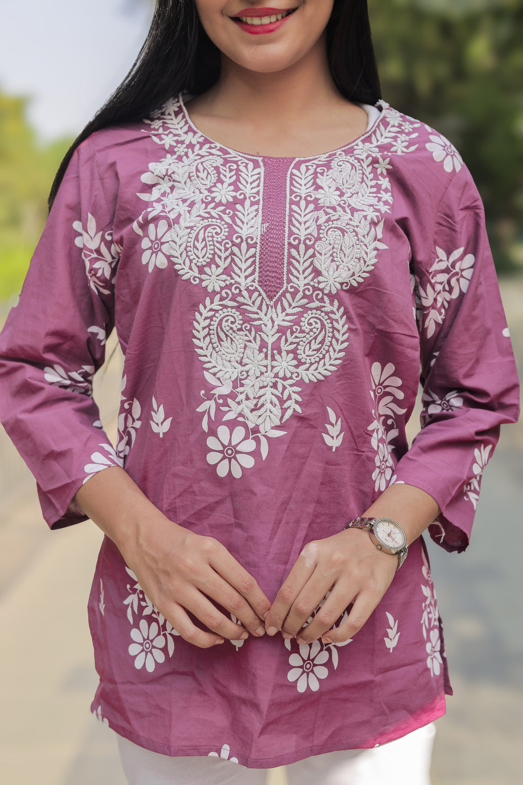 Dusty Pink Chikankari-Style Short Kurti in Cotton