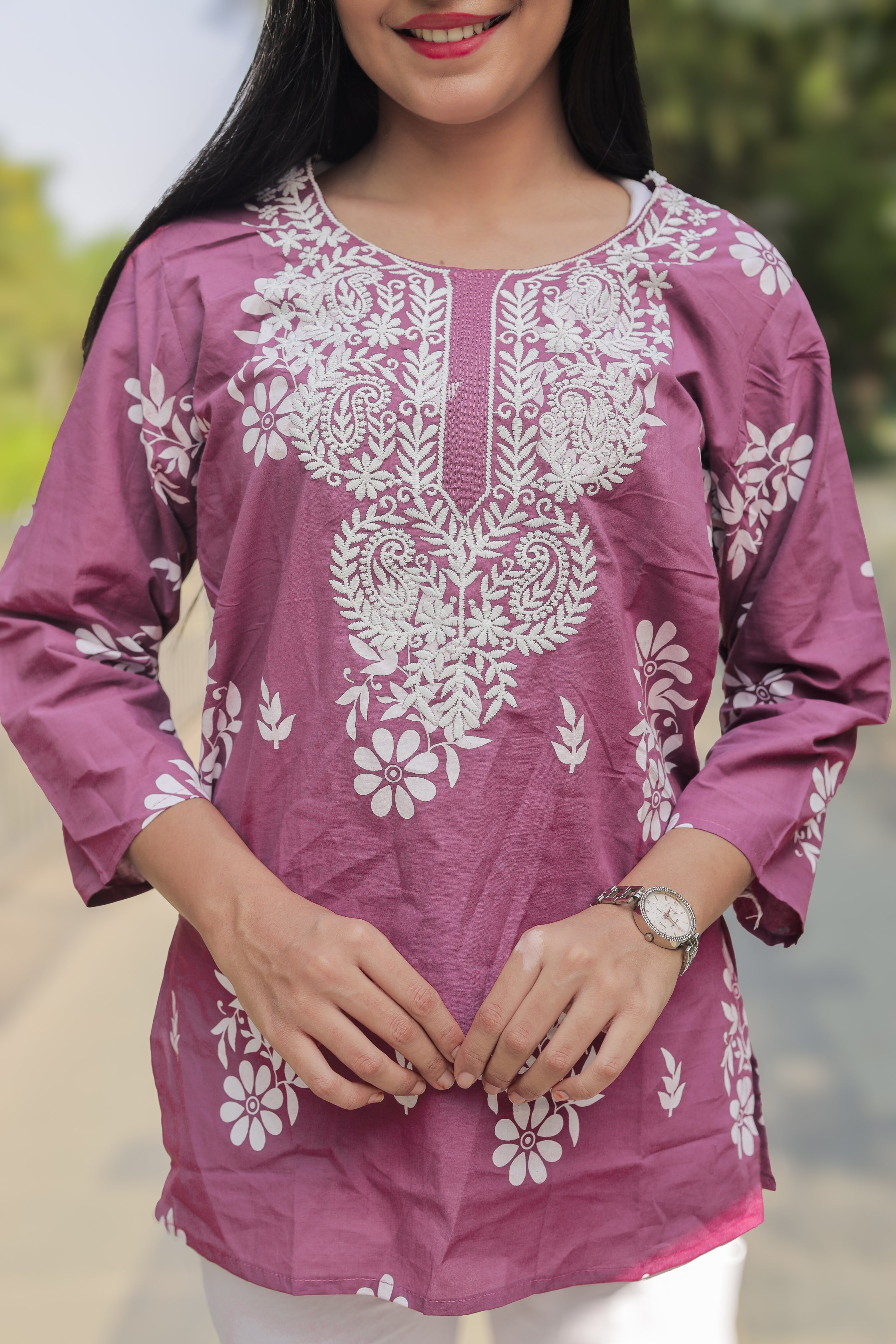 Dusty Pink Chikankari-Style Short Kurti in Cotton
