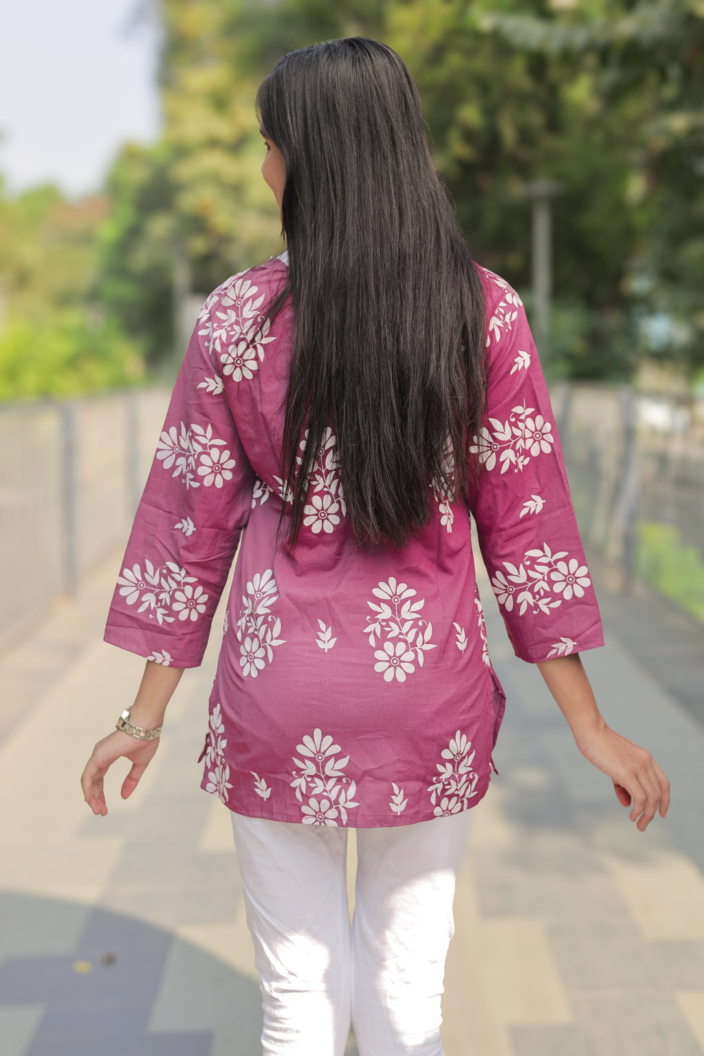 Dusty Pink Chikankari-Style Short Kurti in Cotton