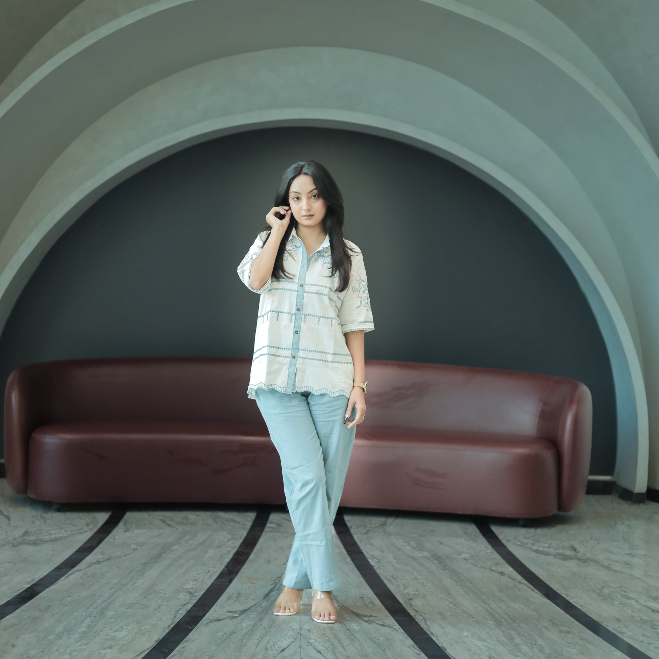 Sky Blue Embroidered Cotton Co-ord Set