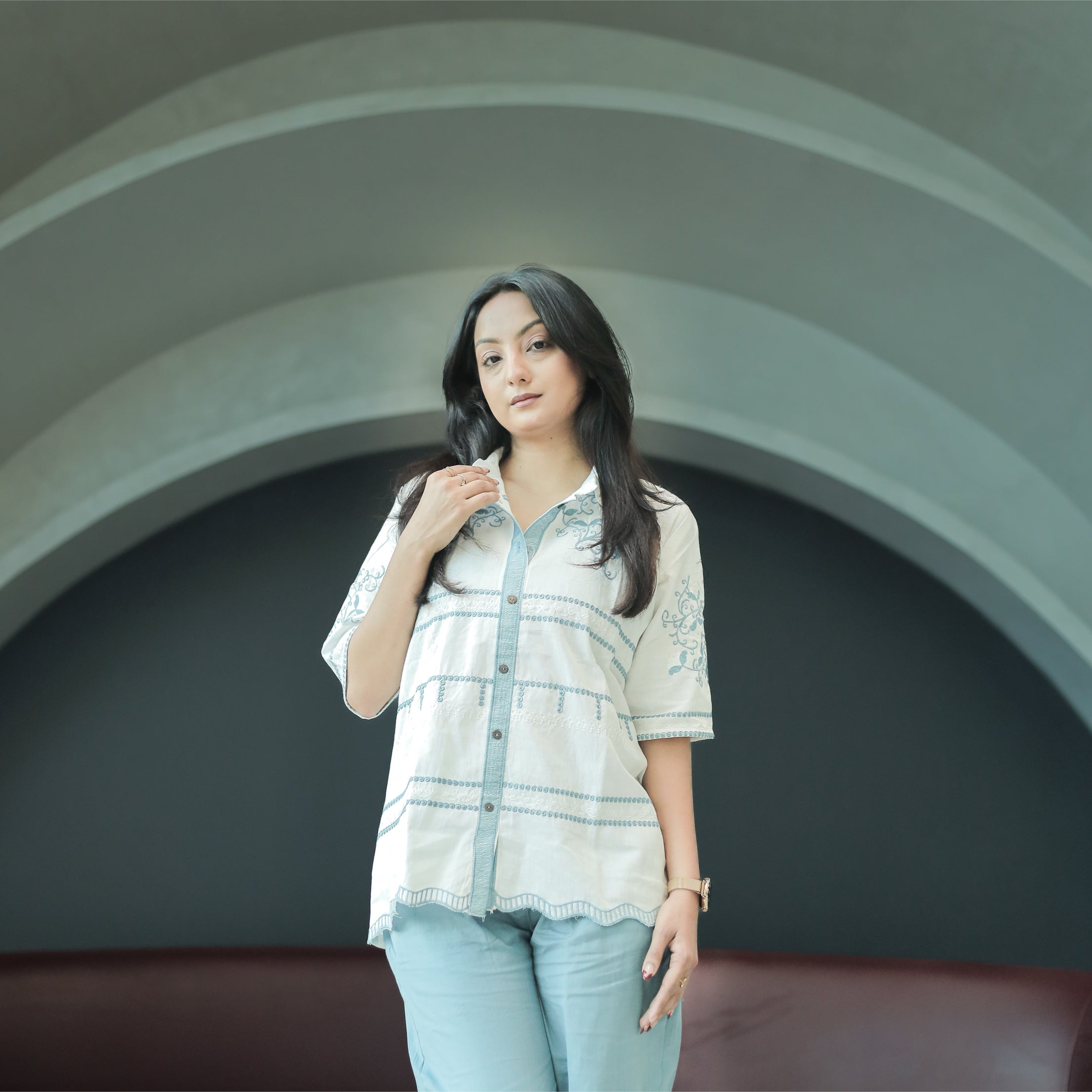 Sky Blue Embroidered Cotton Co-ord Set