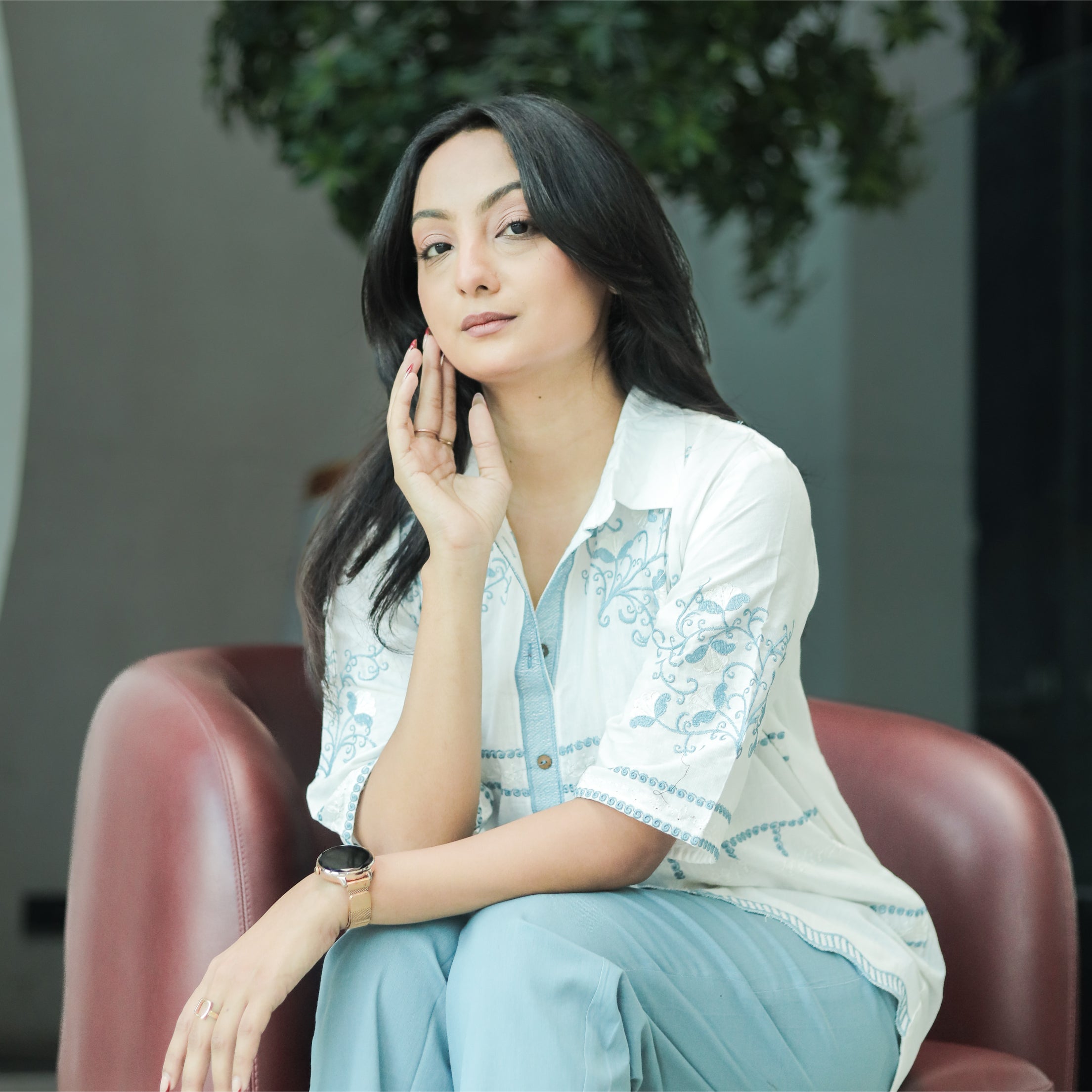 Sky Blue Embroidered Cotton Co-ord Set