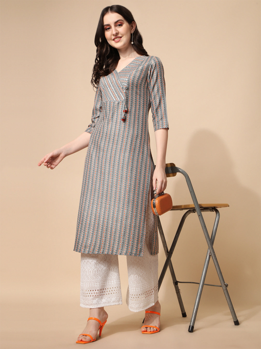 Grey & Rust Striped V-Neck Long Kurti