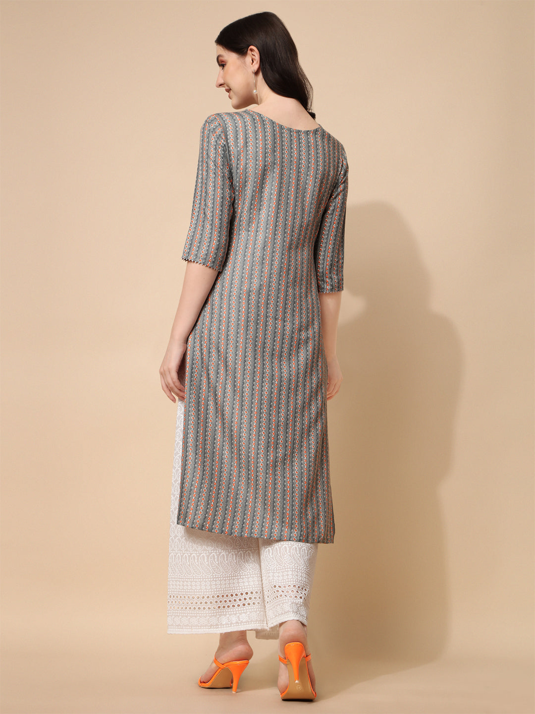 Grey & Rust Striped V-Neck Long Kurti
