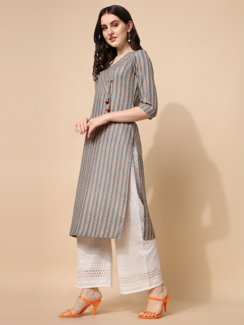 Grey & Rust Striped V-Neck Long Kurti