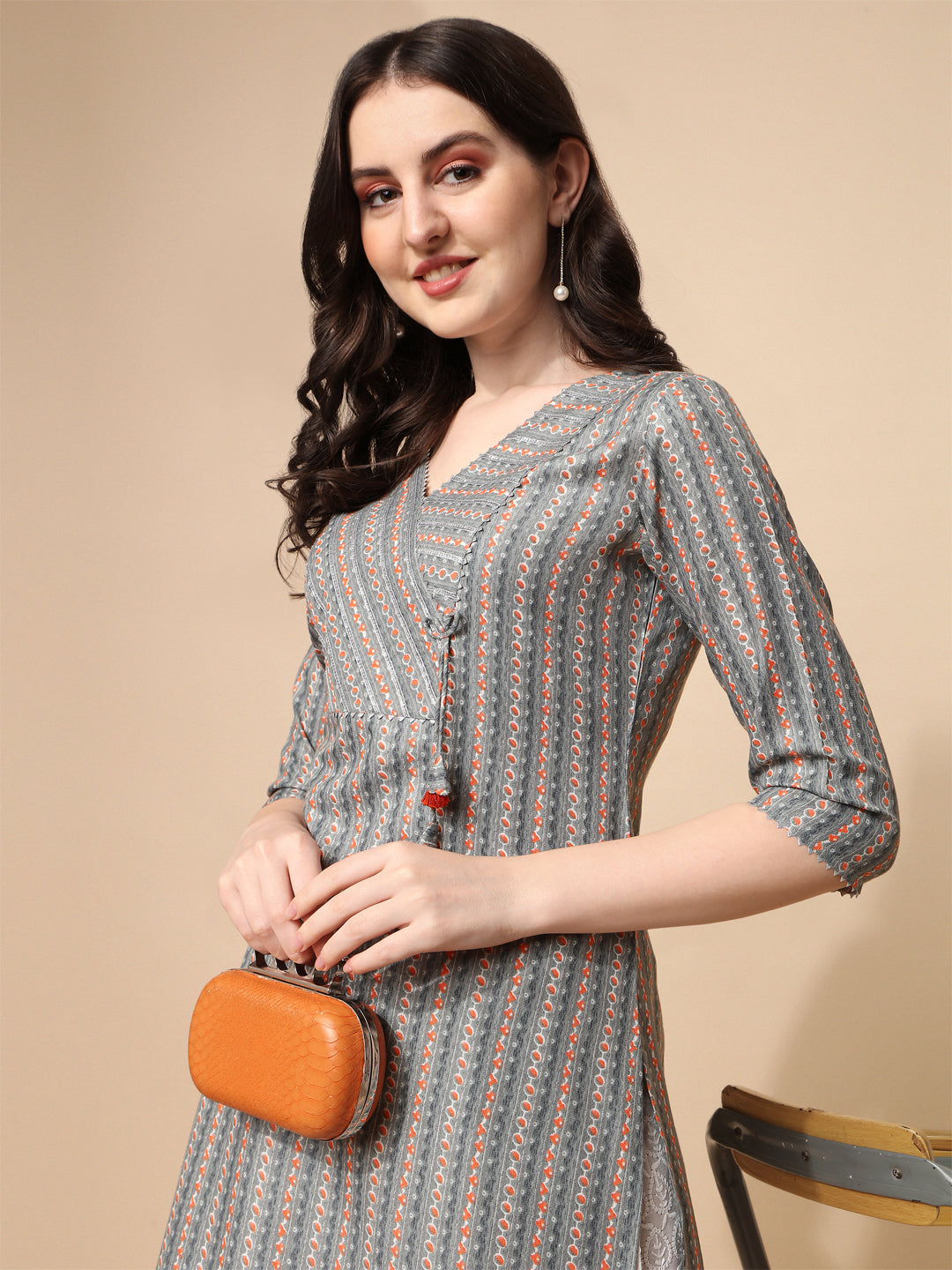 Grey & Rust Striped V-Neck Long Kurti