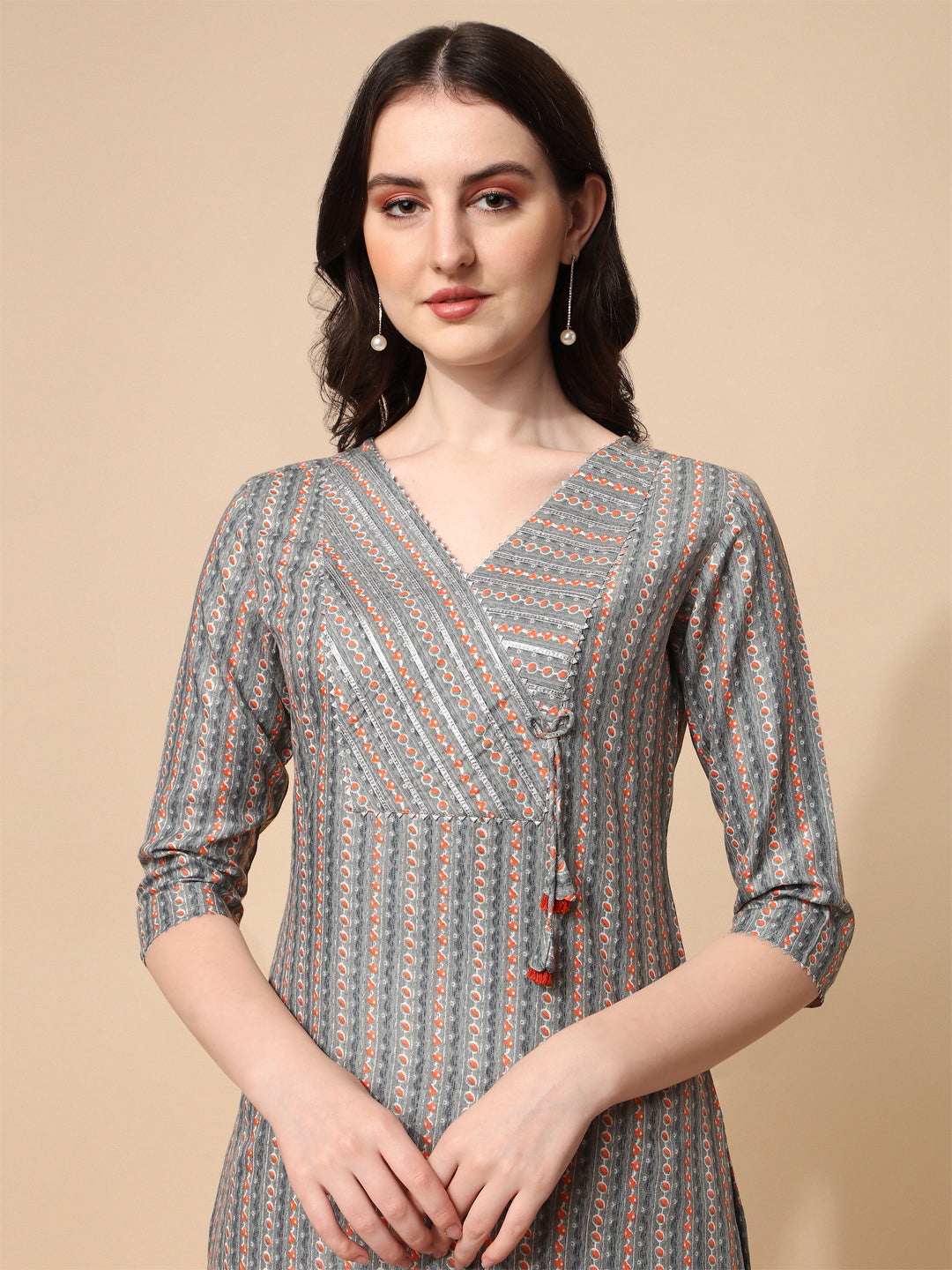 Grey & Rust Striped V-Neck Long Kurti