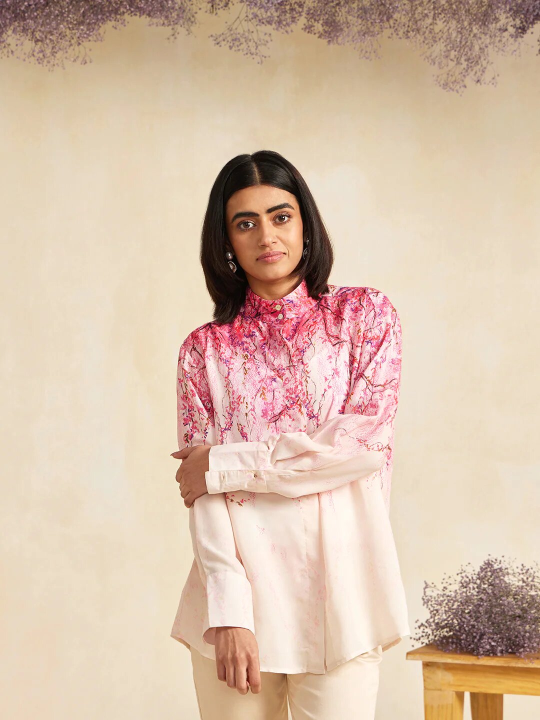 Cherry Blossom Print Collar Kurti in Cotton Satin