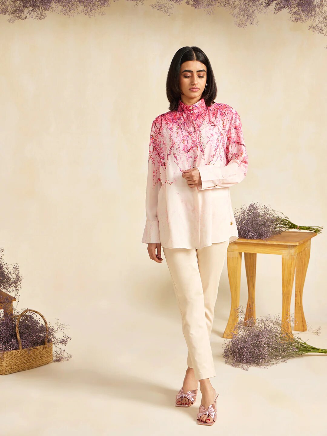 Cherry Blossom Print Collar Kurti