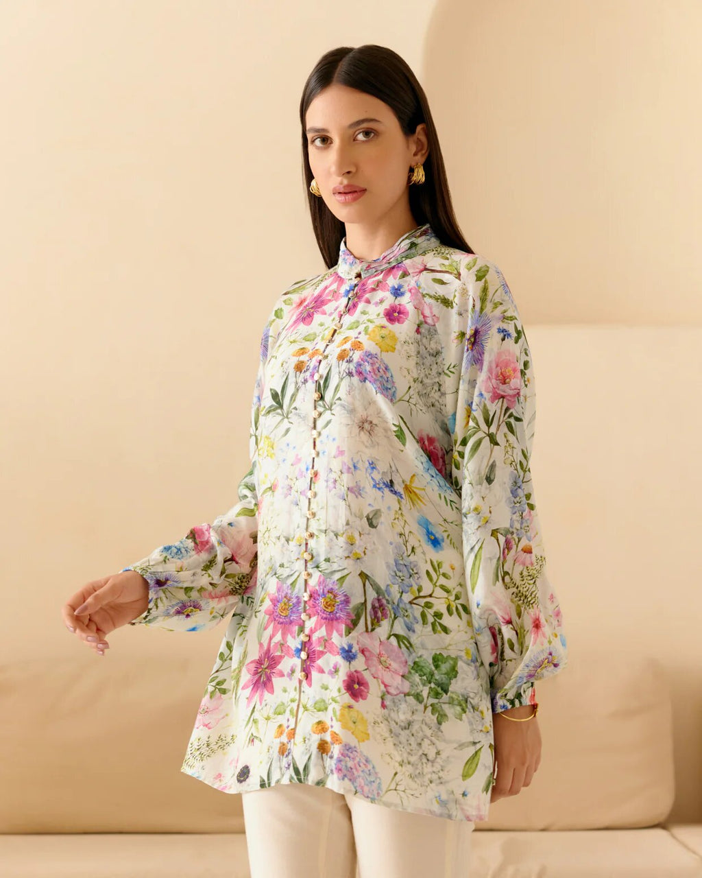 Floral Printed Pastel Bloom Long Kurti Shirt