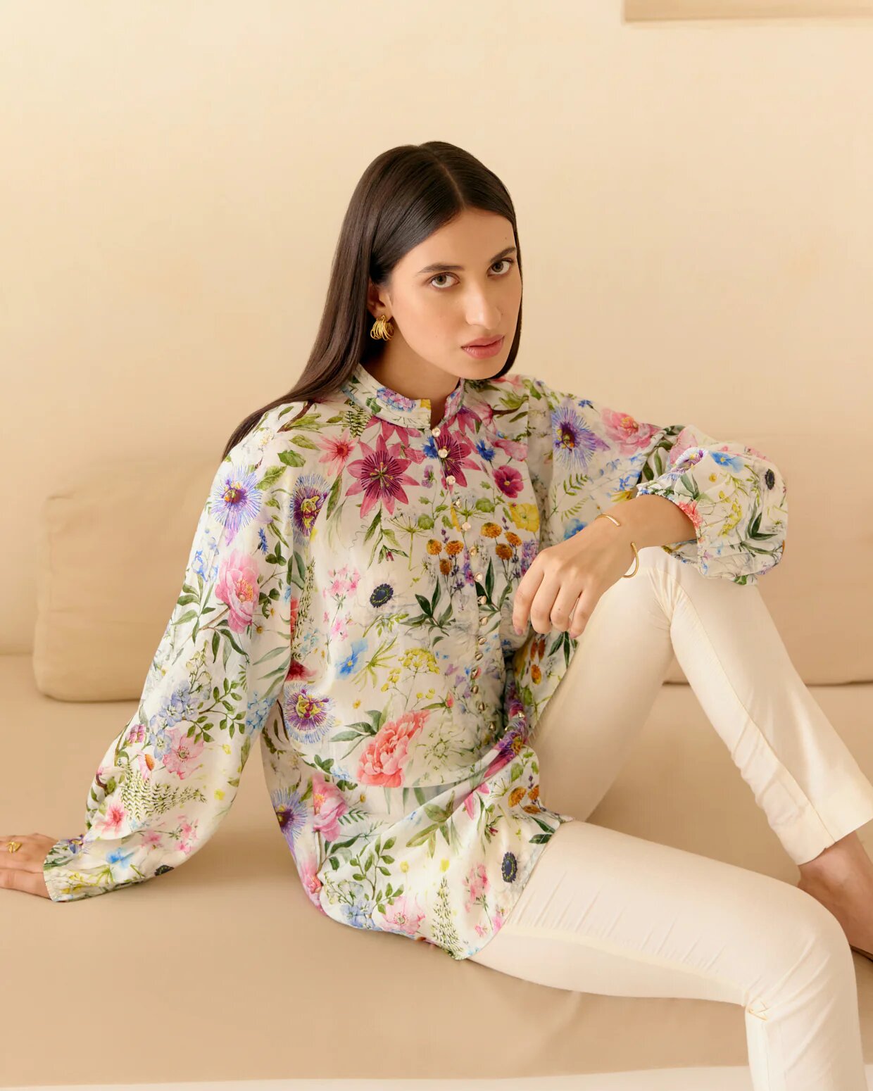 Floral Printed Pastel Bloom Long Kurti Shirt