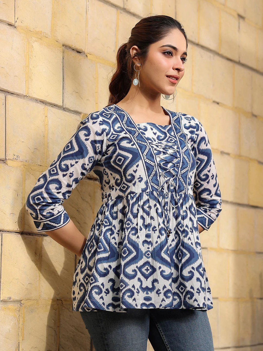 Indigo Blue Geometric Print Peplum Short Kurti Top