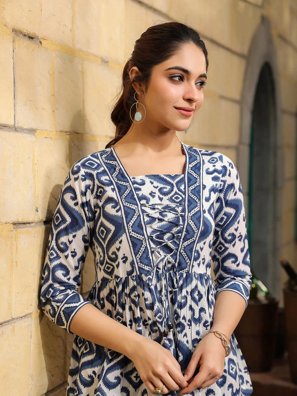 Indigo Blue Geometric Print Peplum Short Kurti Top