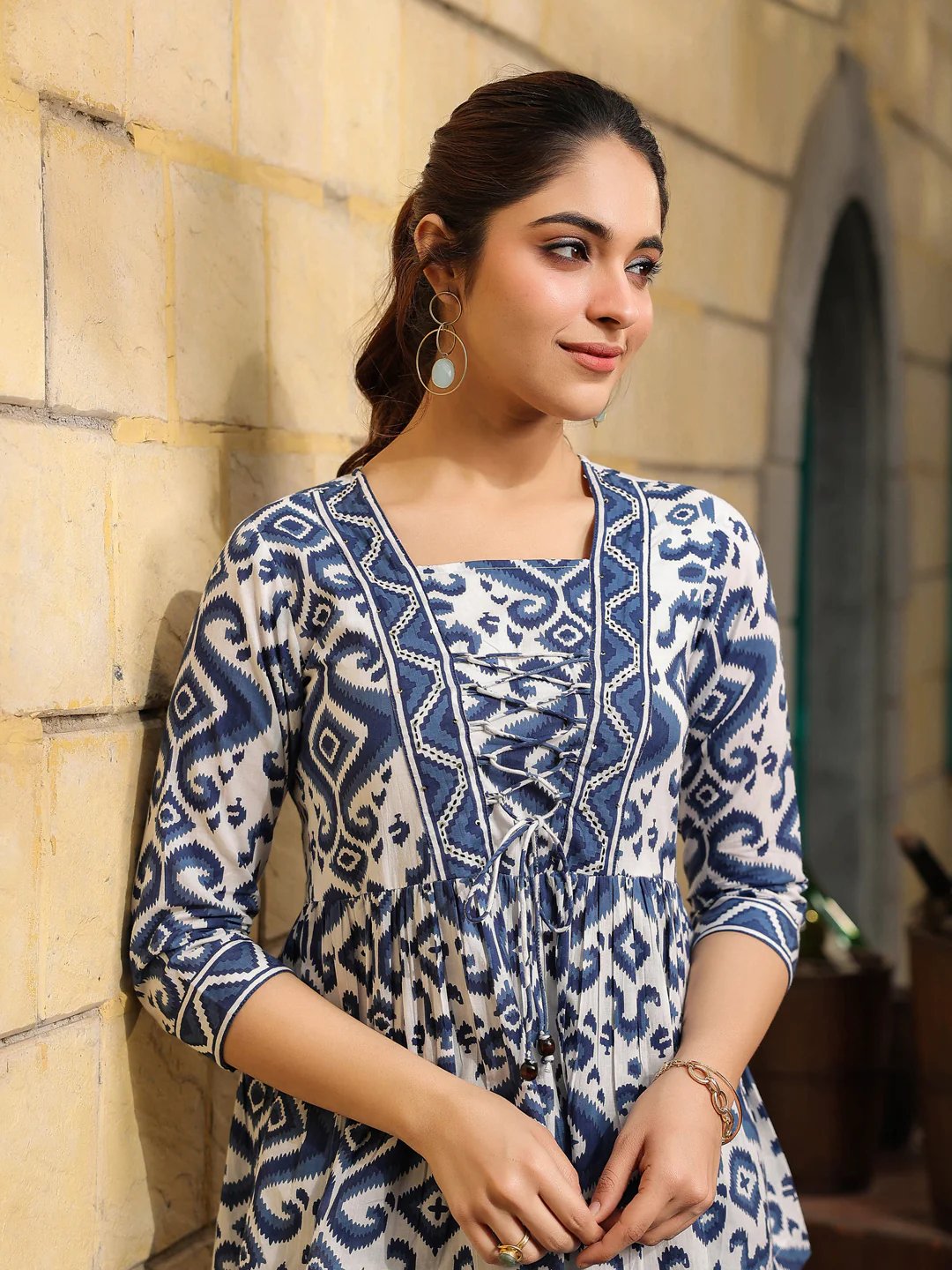 Indigo Blue Geometric Print Peplum Short Kurti Top