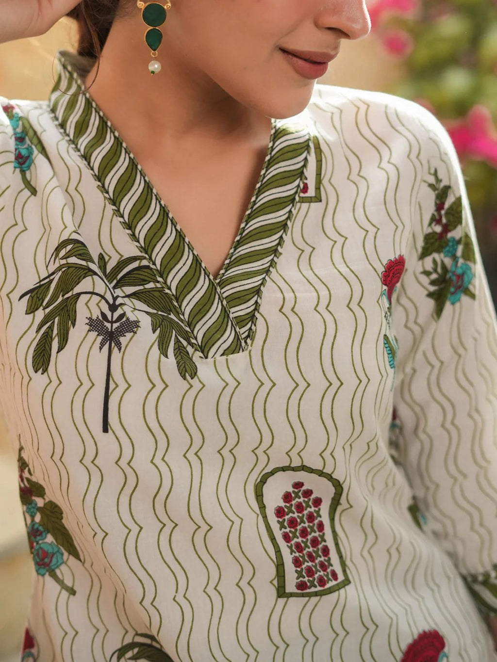 Sage Green Block Print Motif Short Kurti in Cotton