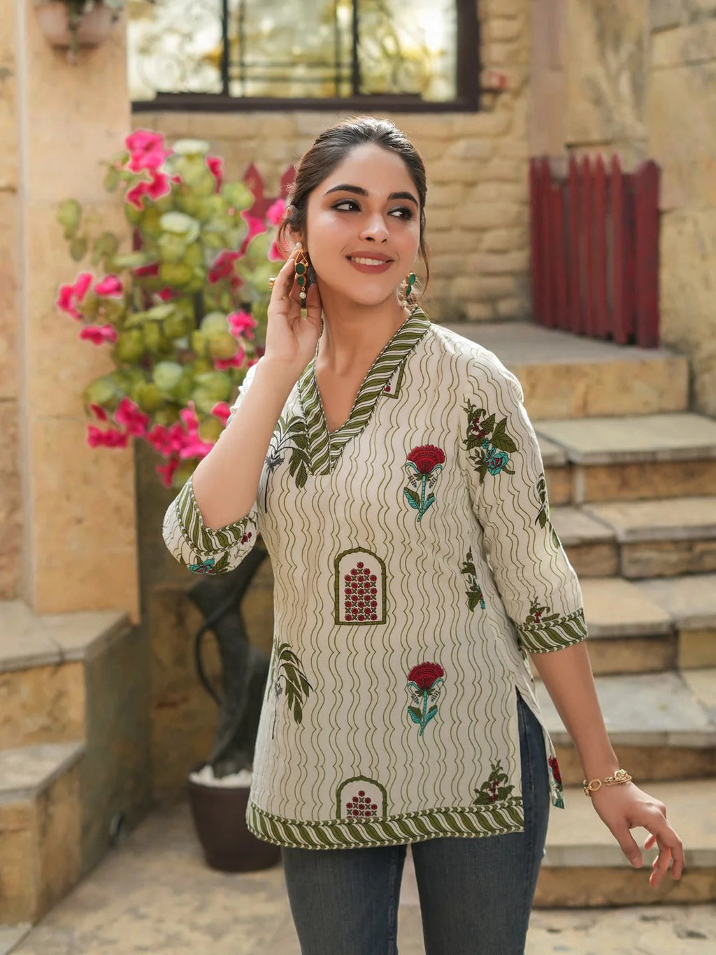 Sage Green Block Print Motif Short Kurti in Cotton