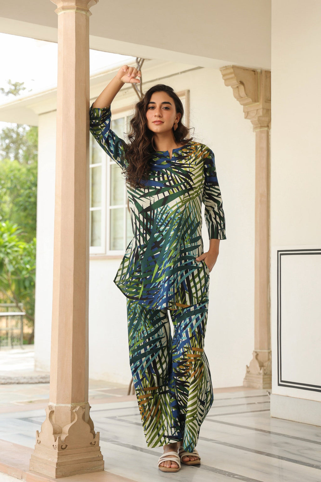 Tropical Palm Leaf Print Cotton Co-ord Set