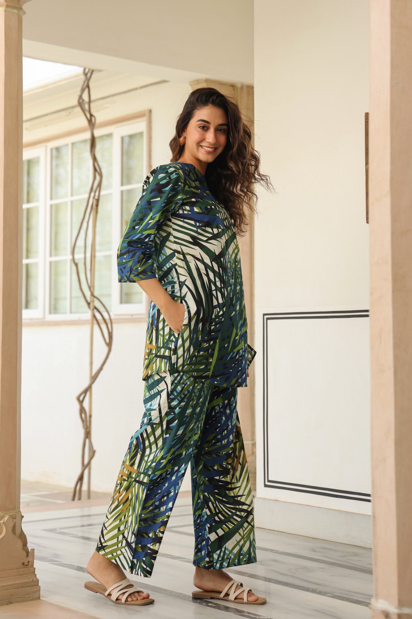 Tropical Palm Leaf Print Cotton Co-ord Set