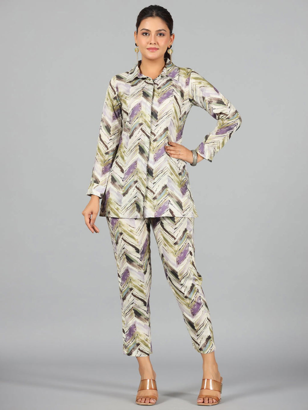 Lavender and Olive Abstract Chevron Print Co-ord Set