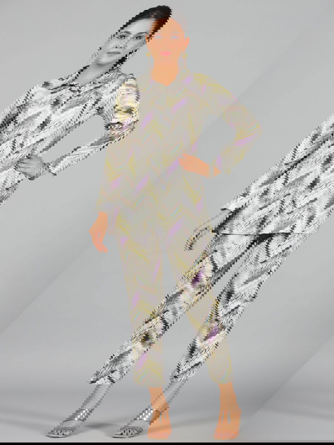 Lavender and Olive Abstract Chevron Print Co-ord Set